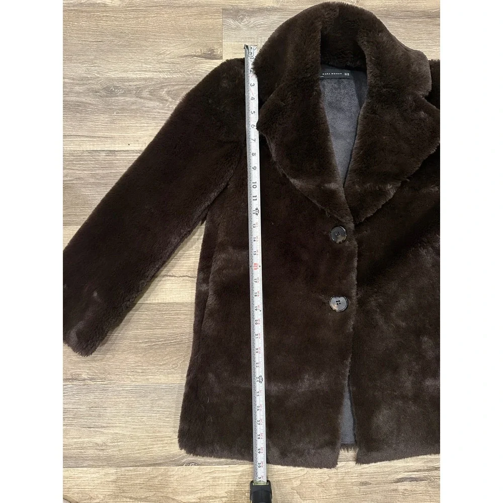 ZARA WOMAN Brown Faux Fur‎ Coat Jacket Button Front Collared Outerwear size XS